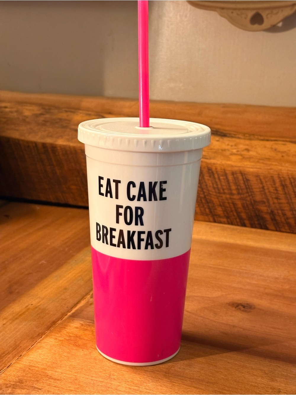 Kate Spade Pink & White Reusable Tumbler Cup with Straw - Eat Cake For Breakfast